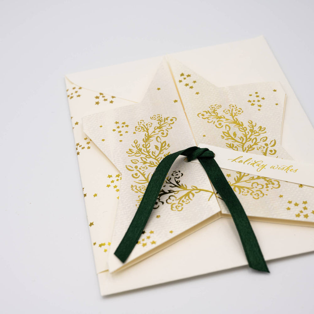 Holiday Wishes Gold Star w/ Green Silk Ribbon Greeting Card